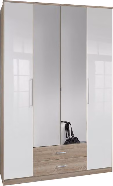 TJS Gamma 4 Door Modern Gloss White and Oak Wardrobe with Mirror and Internal Drawers