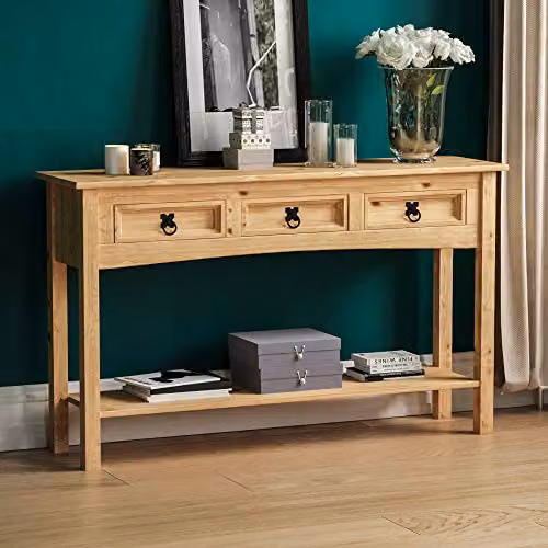 Vida Designs Corona 3 Drawer Console Table in Rustic Brown and Black Solid Pine Wood, W: 123 cm, D: 34 cm, H: 73 cm