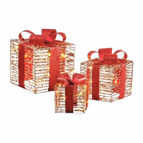 The Christmas Workshop Large Light-Up Gold and Red Gift Box Set of 3 with Warm White LED Lights and Timer Function