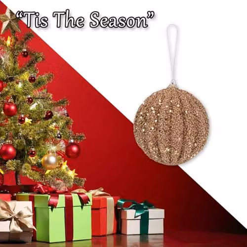 VFM e-Store Christmas Glitter Hanging Bauble Decoration in Beige and Gold, W/H: 12 x 11 cm – 5