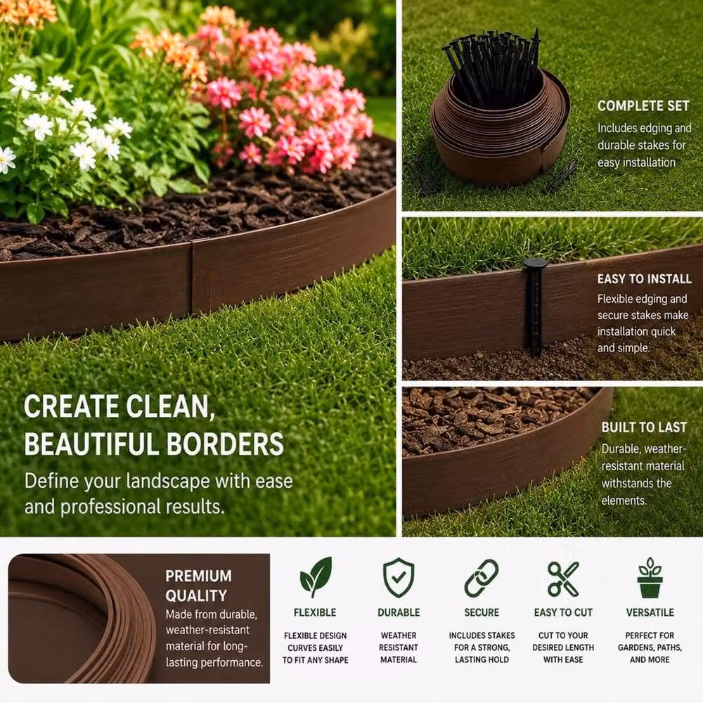 FLAVORA Garden Lawn Edging in Brown with 30 Ground Stakes – 3
