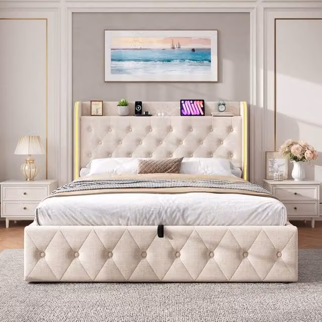 Merax Double Upholstered Storage Bed Frame with LED Lighting and USB Charging Station, Beige, W: 140 cm, D: 200 cm, H: 143 cm – 1