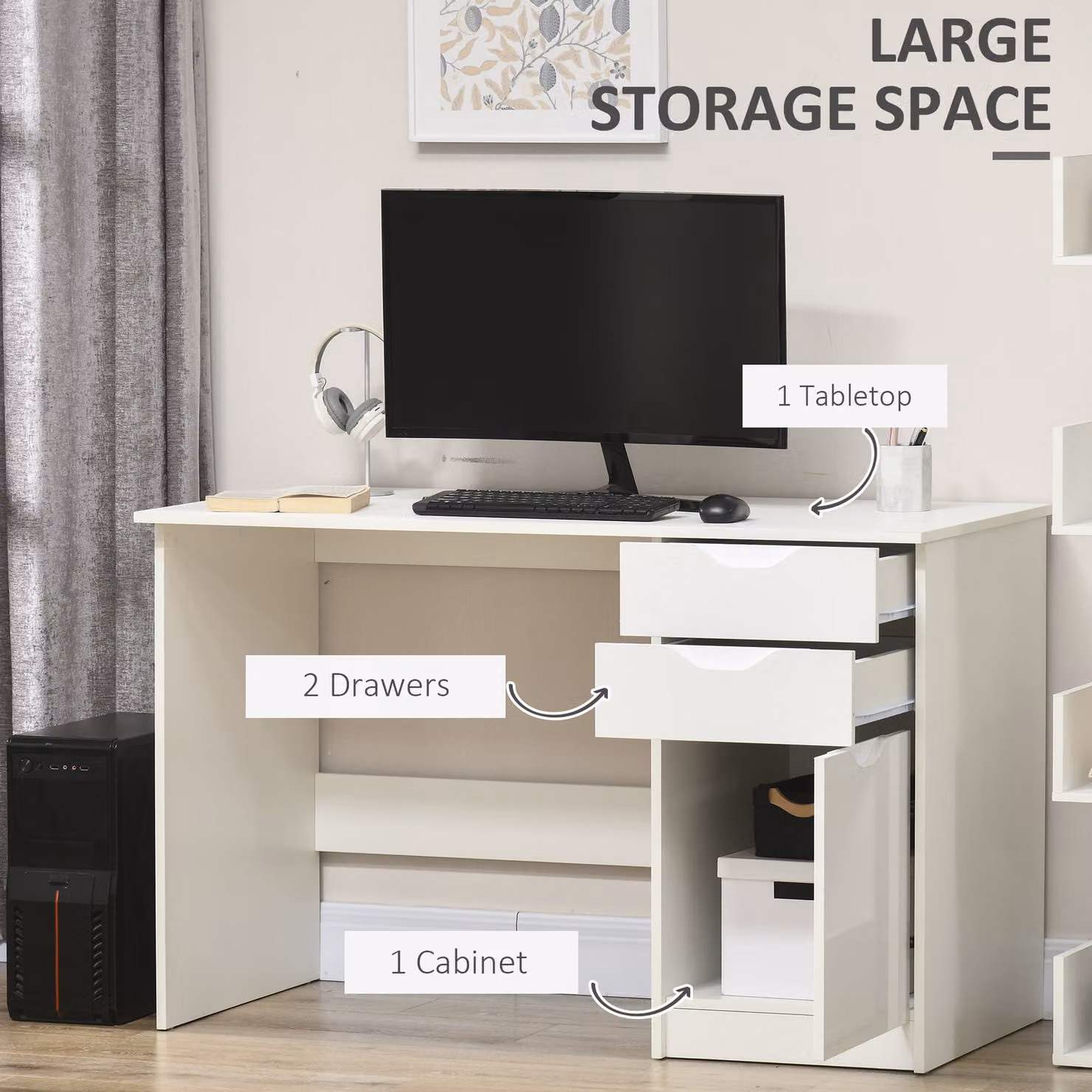 HOMCOM Modern High Gloss Computer Desk with Storage Cabinet and Drawers, White – 3