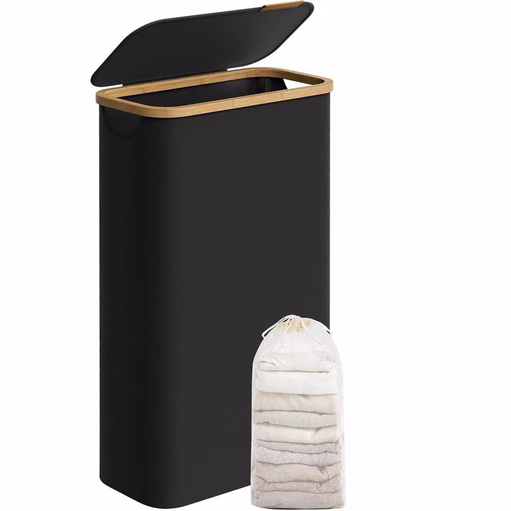 The Bazaarist Slim Laundry Hamper with Removable Liner and Bamboo Handles, Jet Black – 2