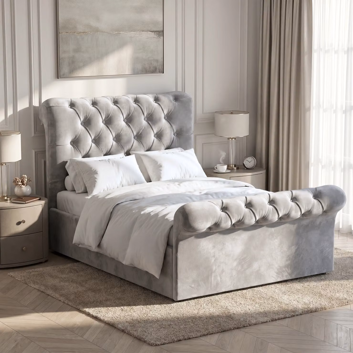 DHS Chesterfield Ottoman Storage Bed Frame with Side Lift Base in Grey Velvet, Small Double (4ft), W/D/H: 120 x 200 cm