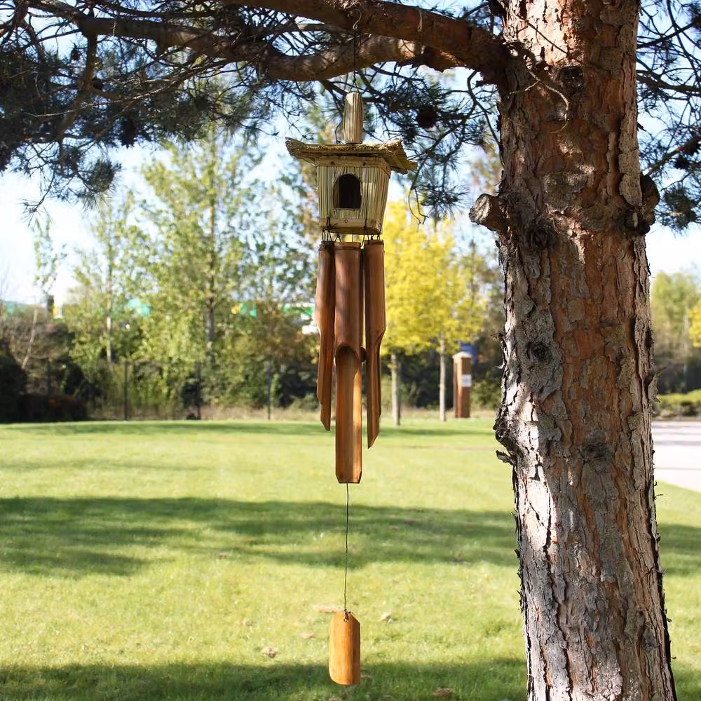 Serenityy Square Seagrass Bird Box with Chimes in Brown, H 49 cm x W 15 cm – 5