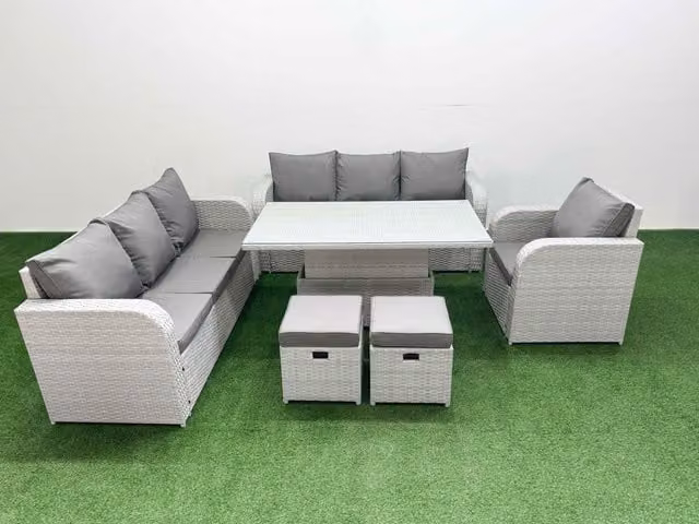 Fimous 9 Seater Poly Rattan Outdoor Garden Furniture Set in Grey with Adjustable Lifting Dining or Coffee Table, 3 Seater Sofa and 3 Reclining Chairs