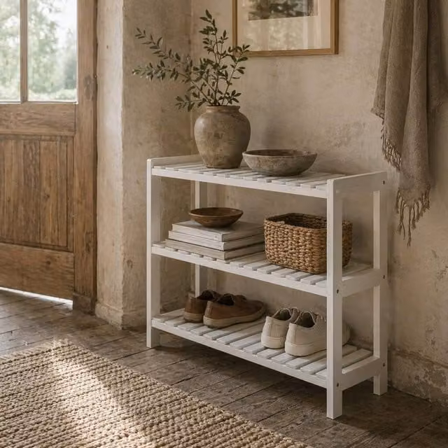 Wyld Haus Vafino 3 Tier White Wooden Shoe Rack with Slatted Shelves W/D/H: 70 x 26 x 57.5 cm – 1
