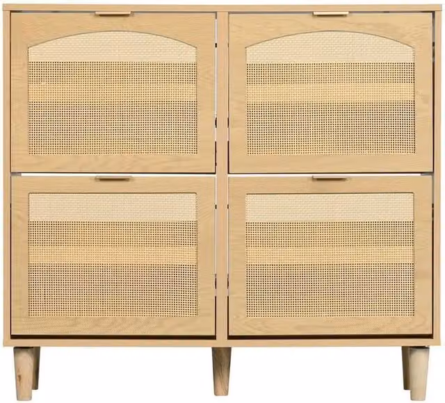 KORVIXA Scandinavian Rattan Shoe Cabinet in Brown and Beige with Hinged Doors and Internal Shelves, W/D/H: 100 x 25 x 90 cm