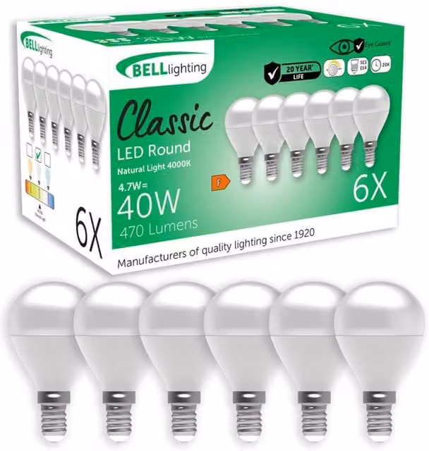 BELL Lighting E14 LED Golf Ball Bulb, Dimmable, White, 470lm, 4.7W, Pack of 6