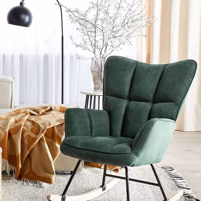 Wyld and Coco Dark Green Biscuit-Tufted Fabric Rocking Chair with Rubberwood Skates