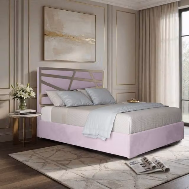KDMD Frogham Pink Velvet Upholstered Metal Designer Bed Frame, W/D/H: 140 x 200 x 127 cm (Height: 189 cm)