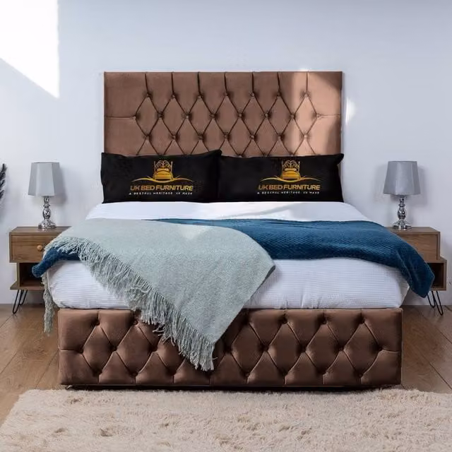 UK Bed Furniture Monaco Divan Bed Base with 26 Inch Headboard in Brown Velvet, King Size, W/D/H: 180 x 200 x 66.04 cm