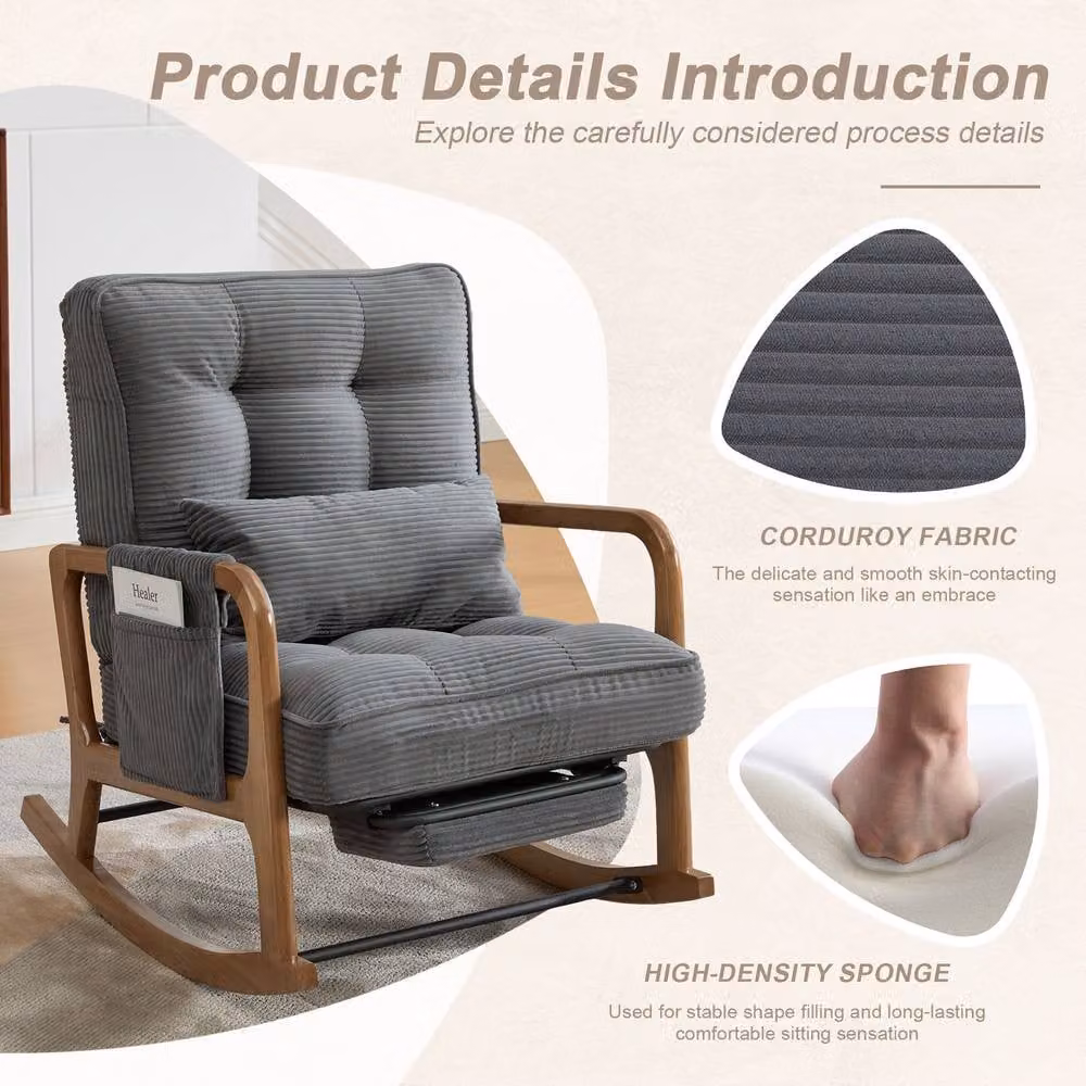 GOMYWAY Matteo Grey Corduroy Upholstered Rocking Recliner Chair with Armrests and Solid Wood Frame – 6