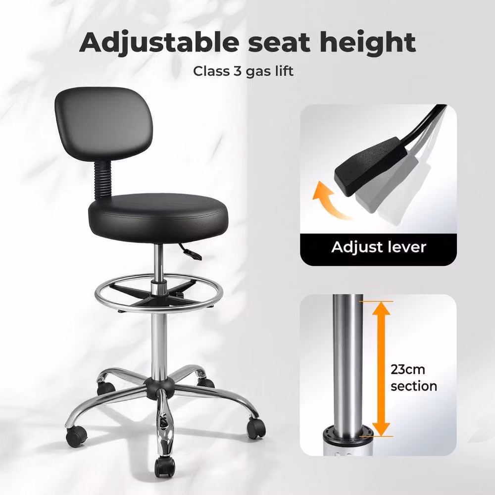 VOGREX Adjustable Swivel Drafting Stool with Footrest and Backrest in Black – 2