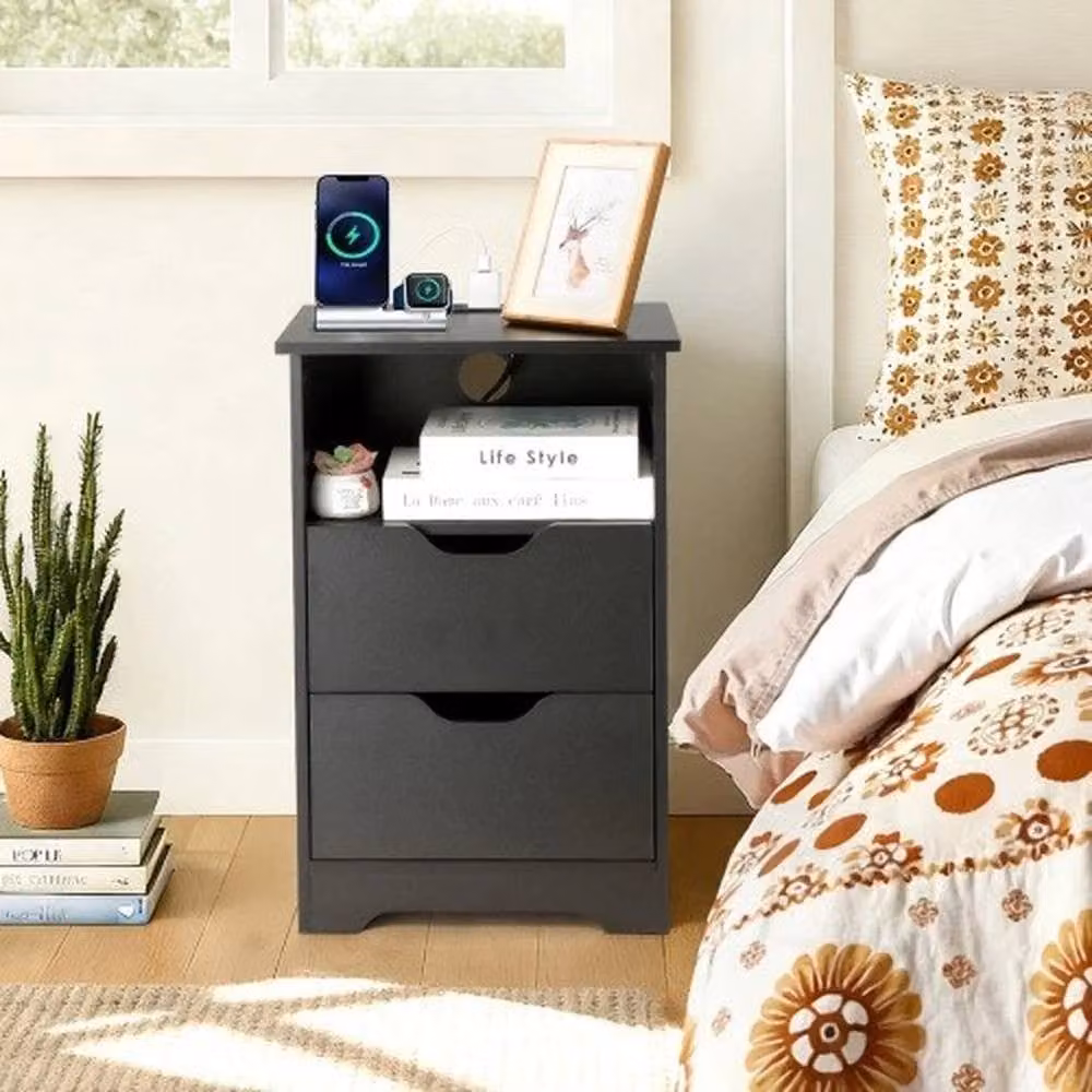KORVIXA Minimalist Bedside Table with 2 Drawers in Black, W/D/H: 100 x 100 x 100 cm – 3