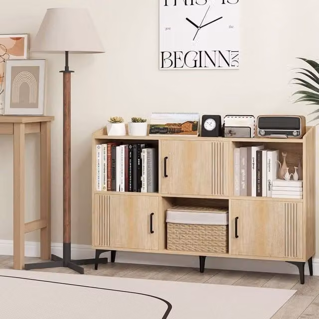 FORGEVIO Sideboard Storage Cabinet and Freestanding Display Cabinet in Light Oak