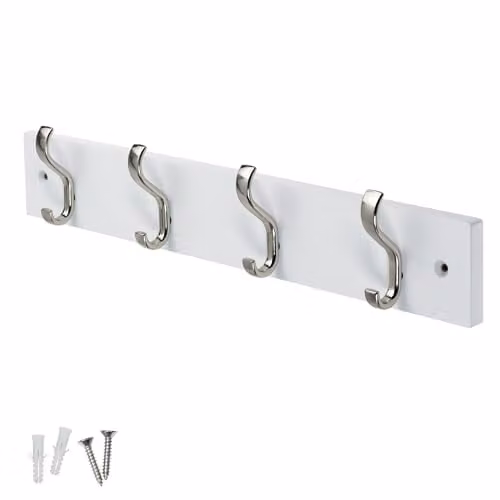 keypak Wall-Mounted Coat Rack with 4 Metal Hooks on a White Wood Base, W: 38 cm