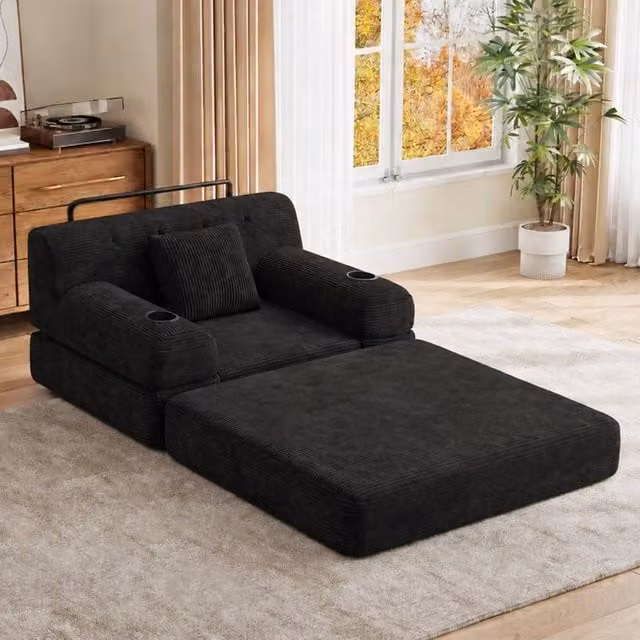 BTM 1 Seater Corduroy Sleeper Sofa in Black with Cup Holders and Side Pockets, W/D/H: 80 x 81 x 107 cm