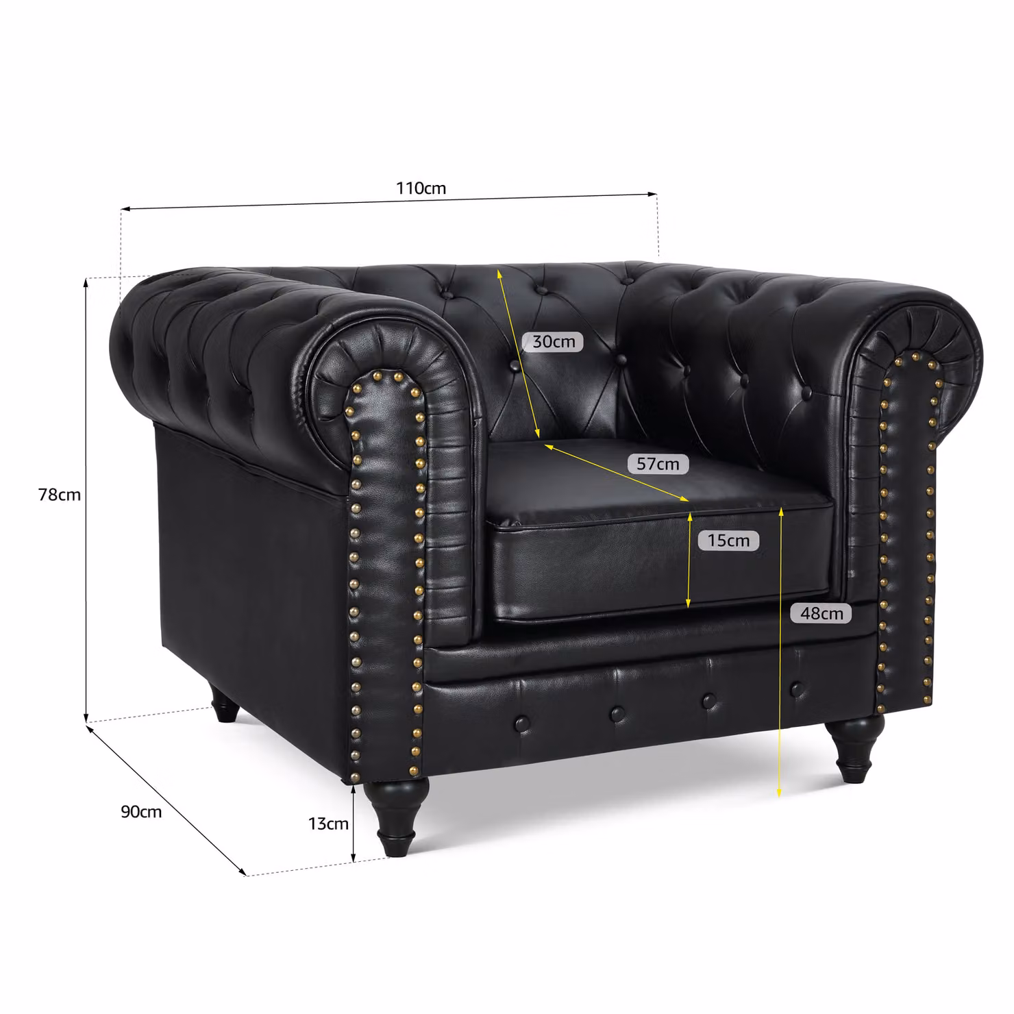 Bravich LTD Chesterfield Faux Leather Button-Tufted 1 Seater Armchair in Black – 3