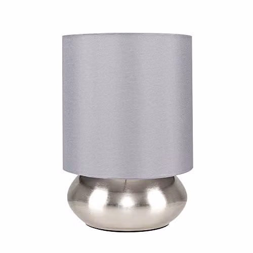 ValueLights Pair of Modern Dimmable Touch Table Lamps with Chrome Metal Bases and Grey Fabric Shades – 1