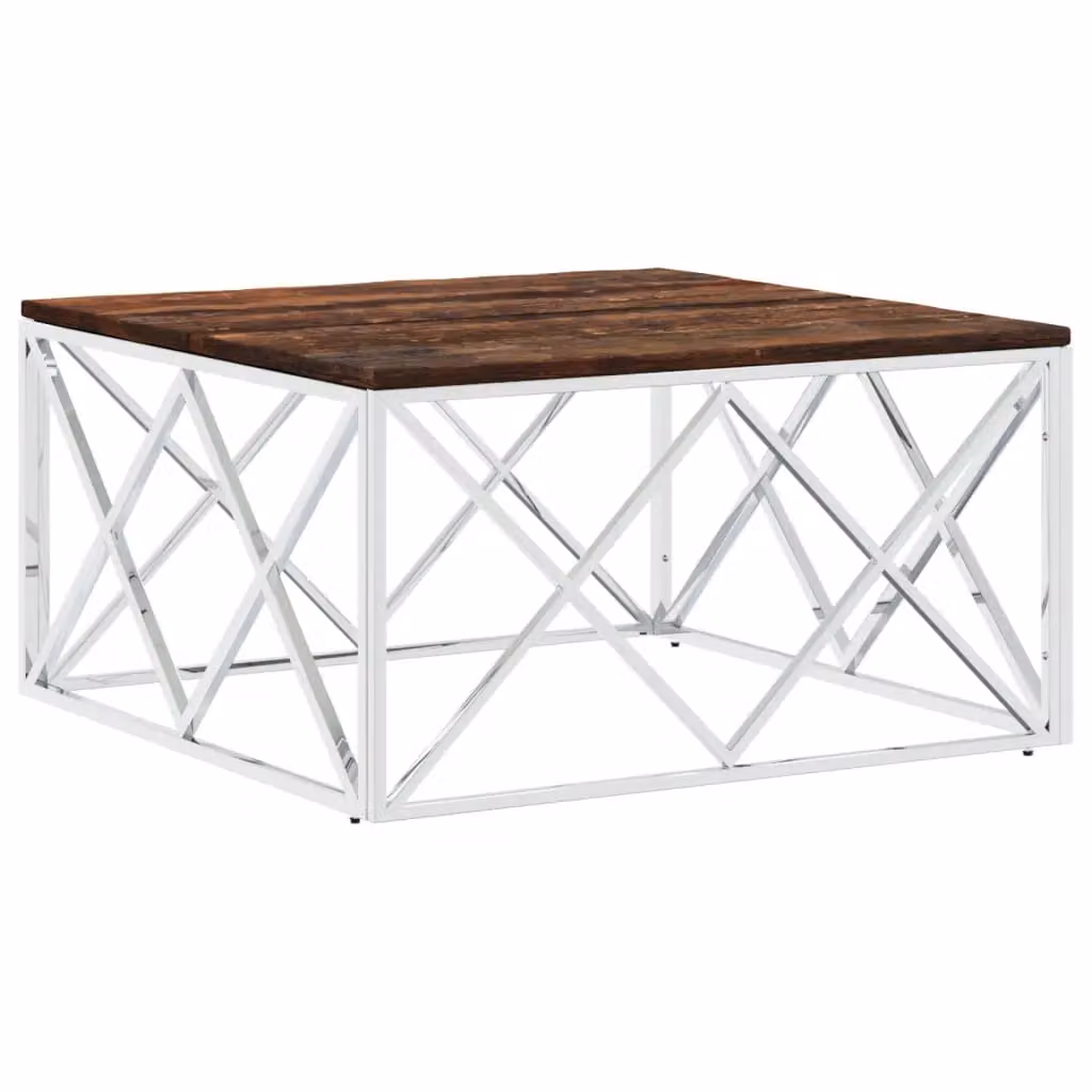 Berkfield Home Industrial Square Coffee Table in Silver with Stainless Steel and Reclaimed Solid Wood – 2