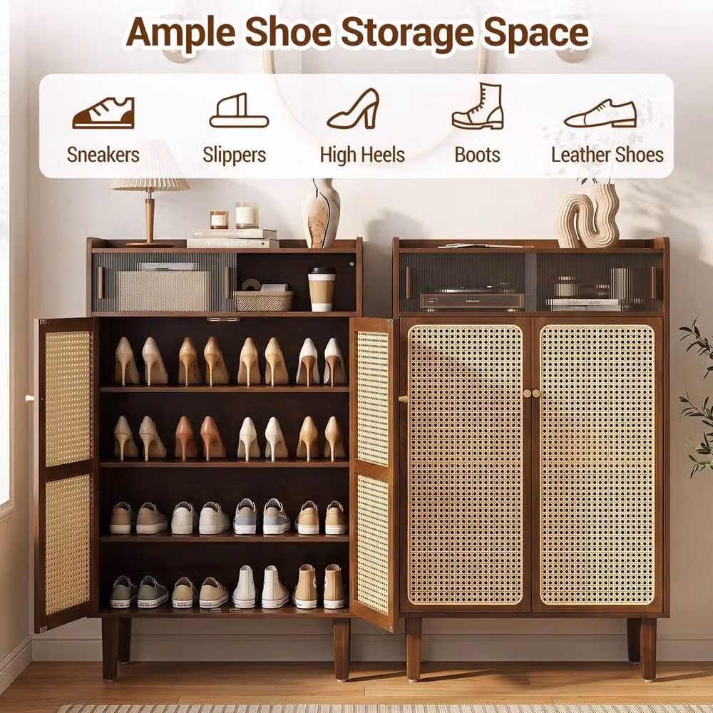 SPETLEK Wooden Shoe Storage Cabinet in Brown Walnut with Rattan Sliding Doors and Internal Shelves – 5