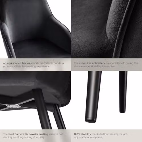 tectake Set of 2 Black Velvet Dining Chairs with Armrests and Metal Legs – 6