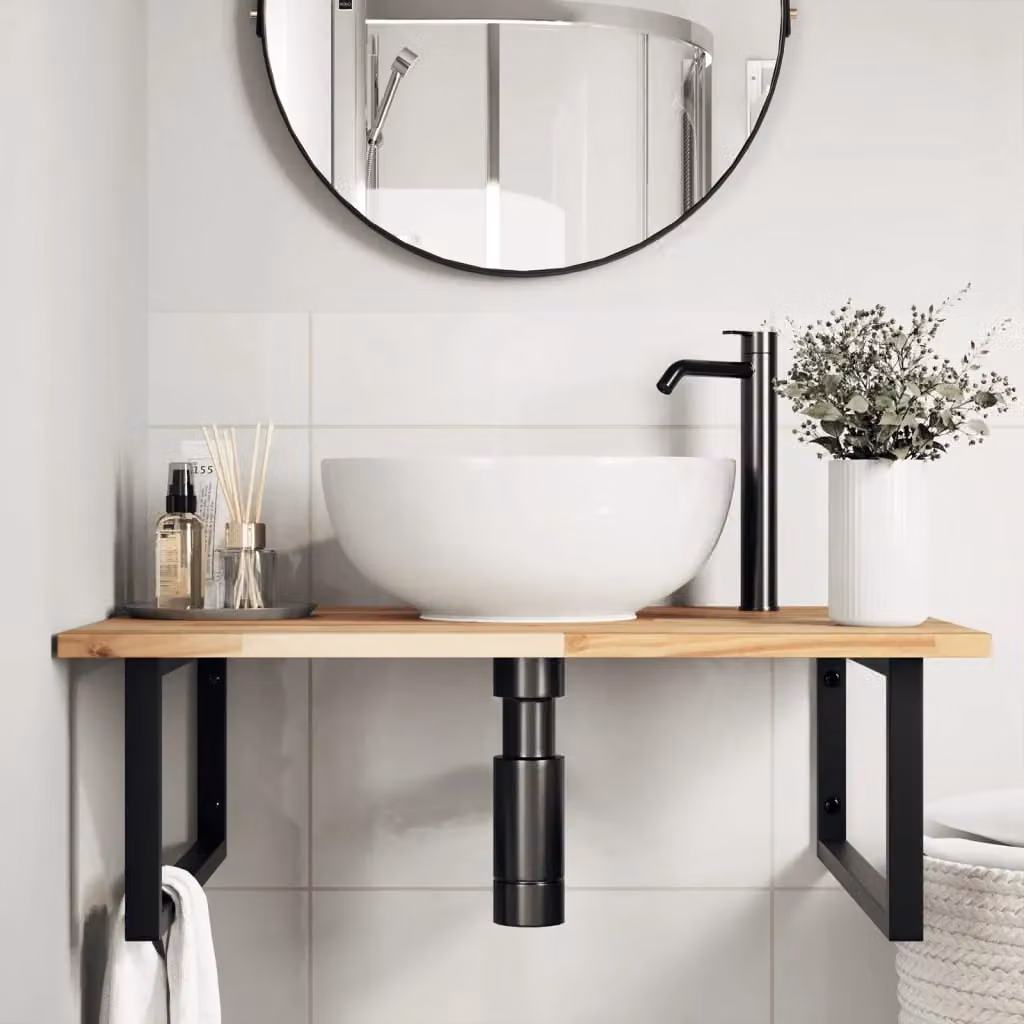 Berkfield Home Wall Mounted Basin Shelf in Brown Acacia Wood and Steel – 2