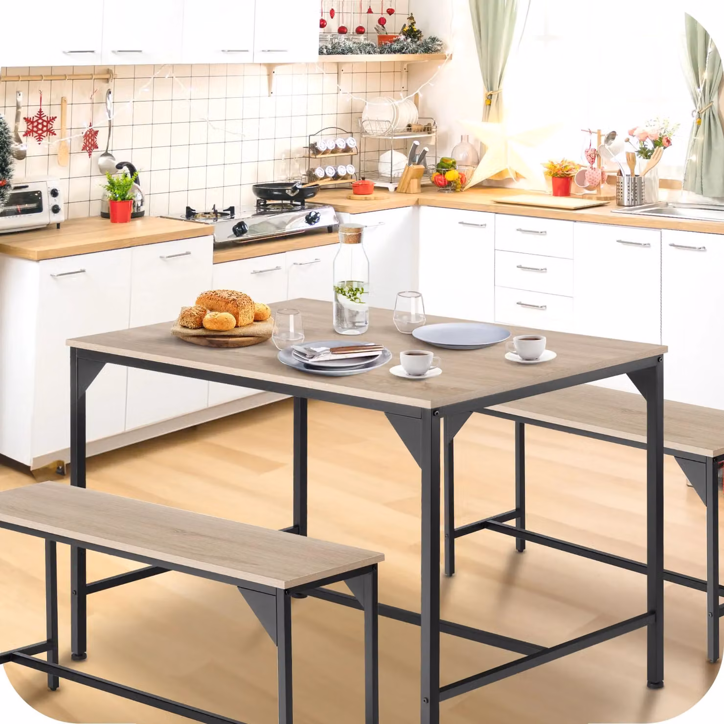 tectake Bolton 3-piece Dining Table Set with 2 Benches in Light Oak – 5