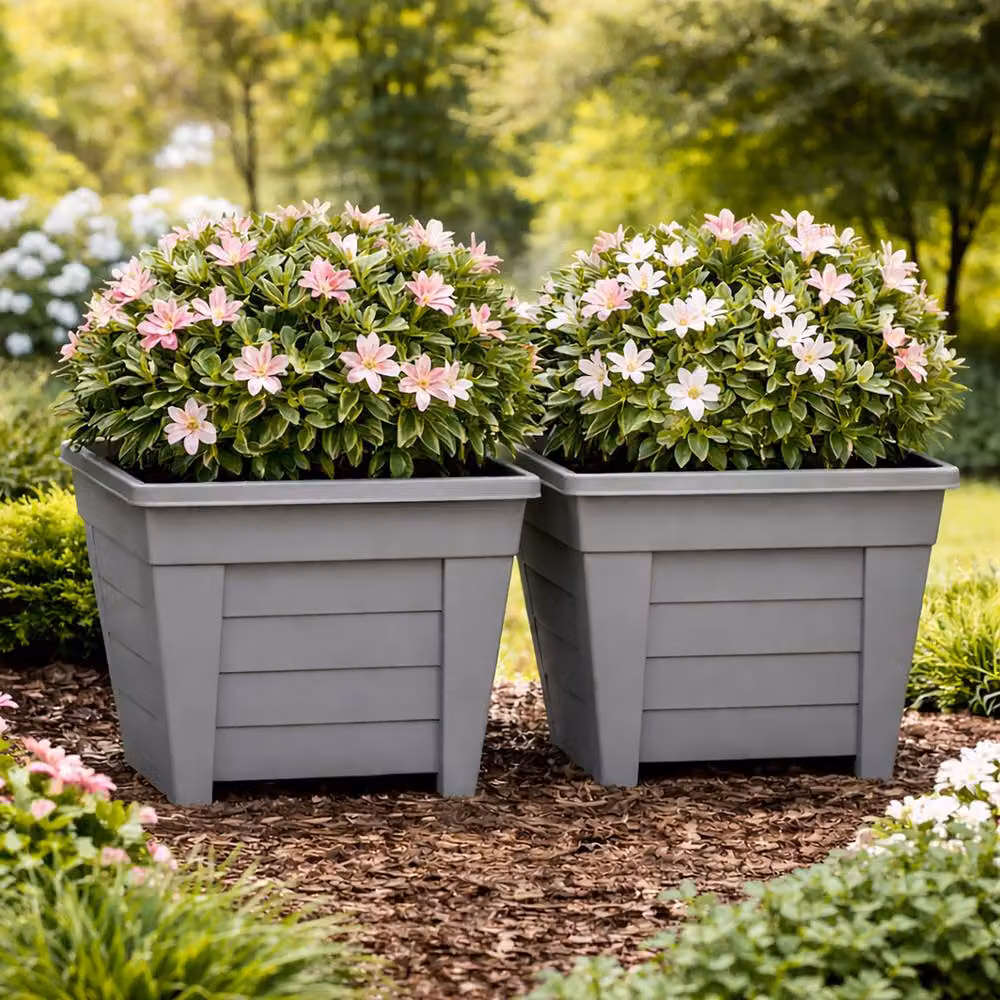 Simpa Grosvenor Square Plastic Garden Planter Tubs, Grey, Set of 2, Diameter: 27 cm – 2