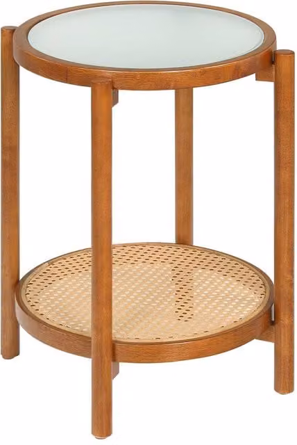 Gymax 2-Tier Round Boho Side Table in Brown Acacia Wood and Glass