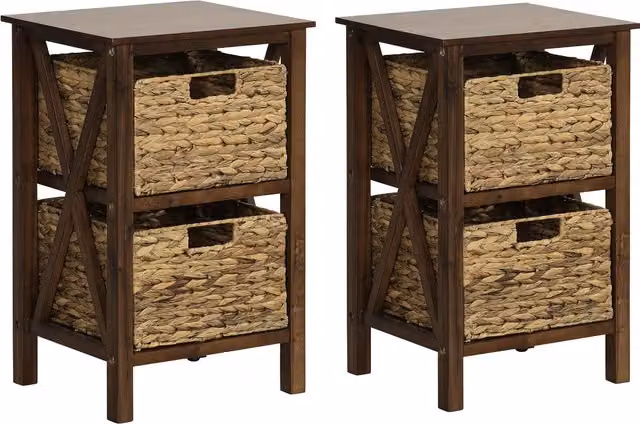 Set of 2 Rustic Brown Acacia and Rubberwood Nightstands by COSTWAY