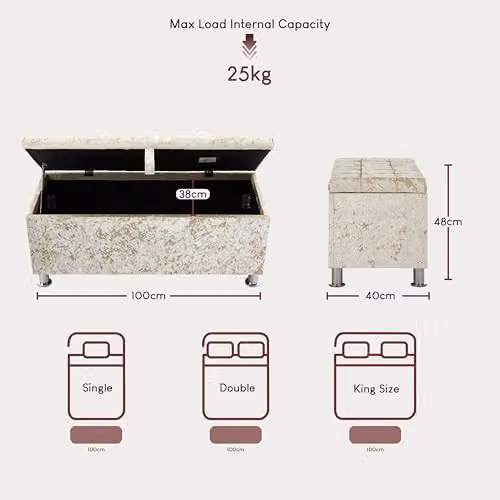 Vida Designs Valencia Fabric Storage Ottoman in Champagne Velvet, W/D/H: 100 x 40 x 44 cm – 2