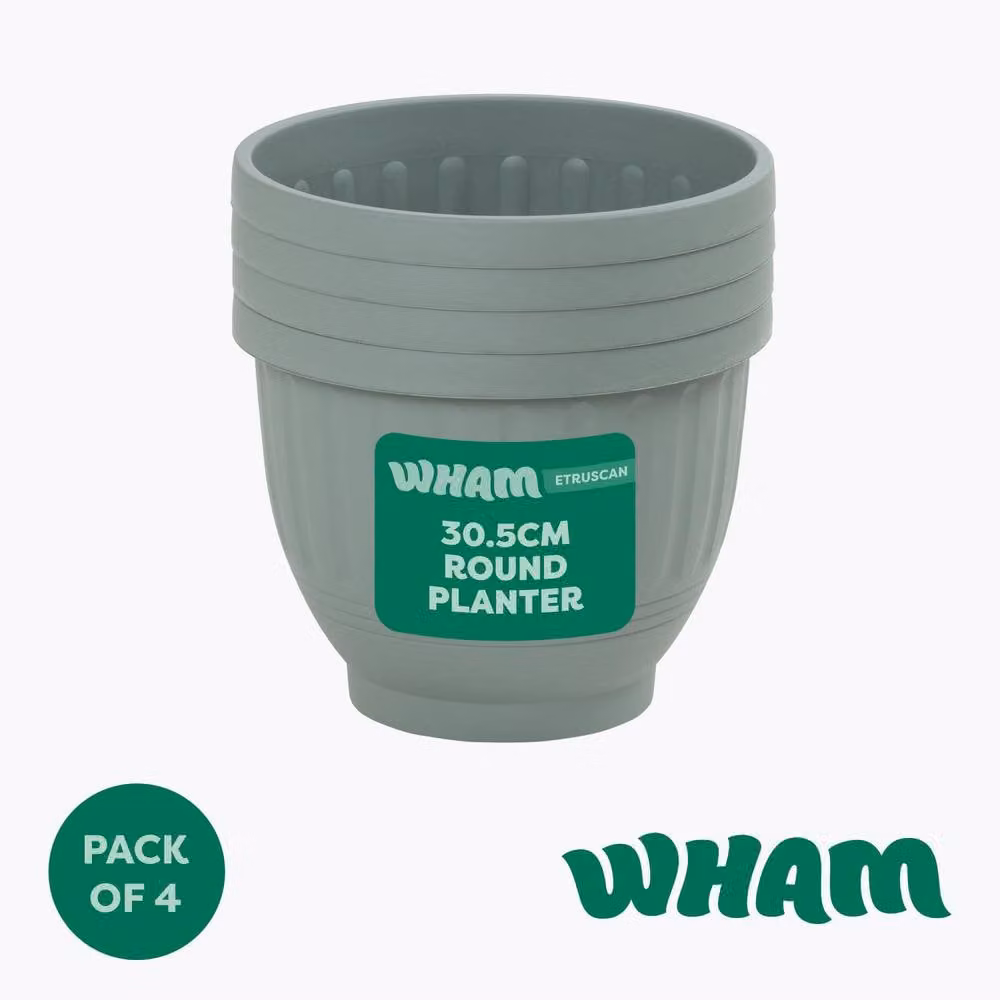 Wham Etruscan Round Plastic Garden Planters, Green, Pack of 4, Diameter: 30.5 cm – 2