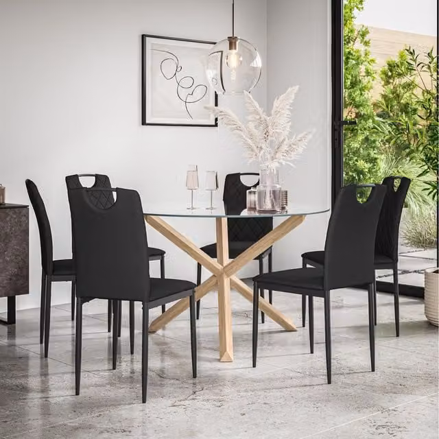 More4Homes Malvern Round Glass Dining Table Set with Oak Legs and 6 Black Monza Faux Leather Chairs