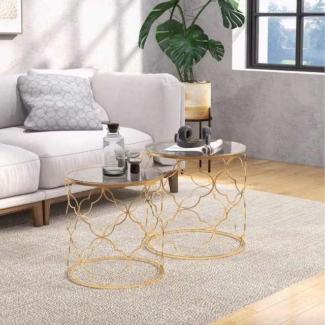 HOMCOM Art Deco Nesting Side Tables Set of 2 with Gold Tone Metal Frames and Round Glass Tops