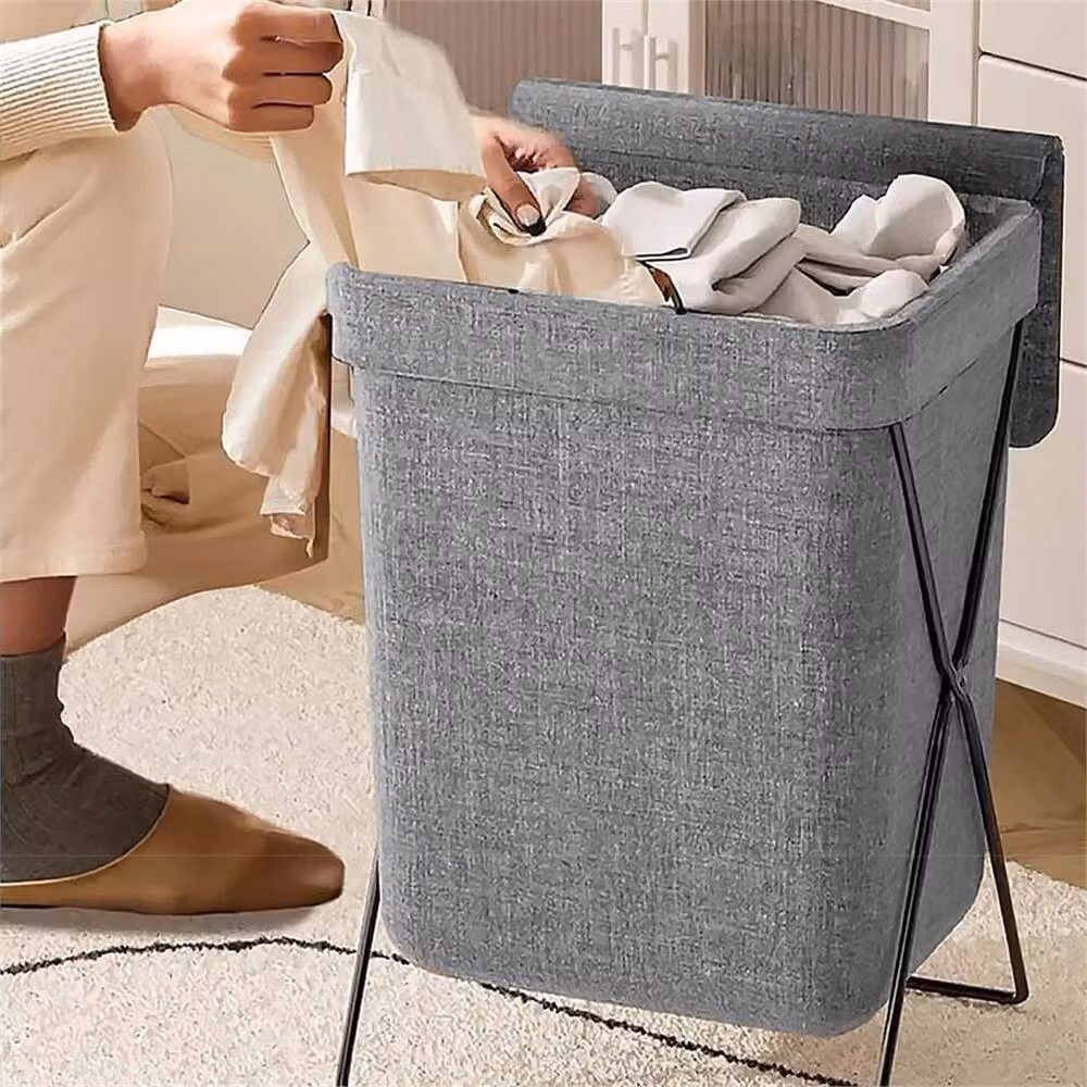 VOGREX Grey Foldable Fabric Laundry Basket with Lid – 3