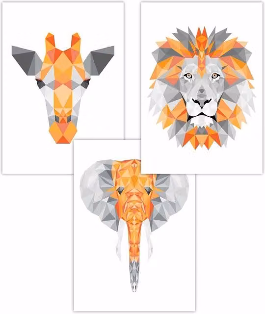 ARTZE Set of 3 Geometric Jungle Animal Head Art Posters in Orange and Grey, W: 59 cm x H: 84 cm
