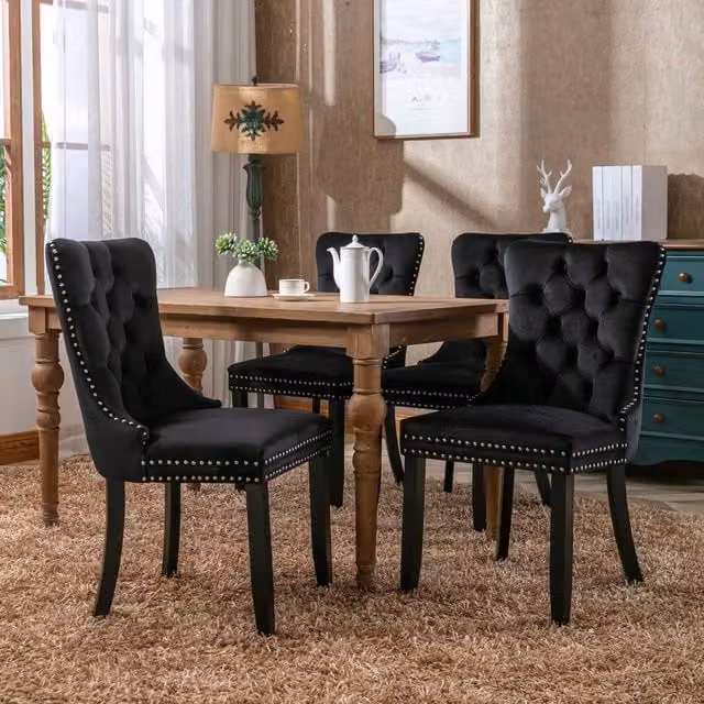 Modern Home Touch Romsey Set of 4 Black Velvet Upholstered Dining Chairs with Oak Legs and Knocker Ring Back – 1