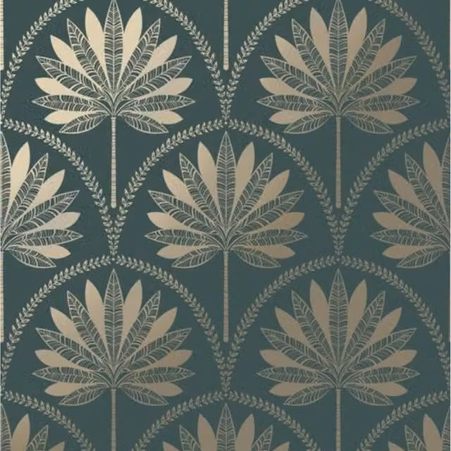 Holden Decor Tropical Palm Trees and Leaves Feature Wallpaper in Grey, Teal, Petrol and Metallic Gold
