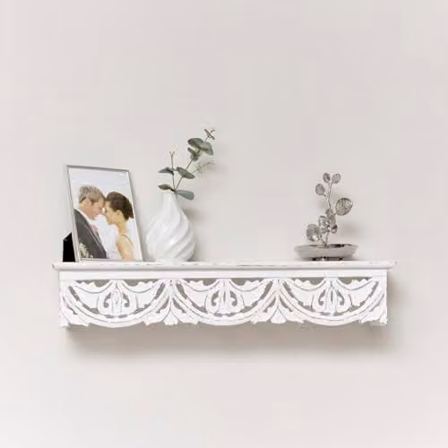 Melody Maison White Wooden Carved Boho Wall Shelf, W: 60 cm, H: 13 cm, D: 10.5 cm
