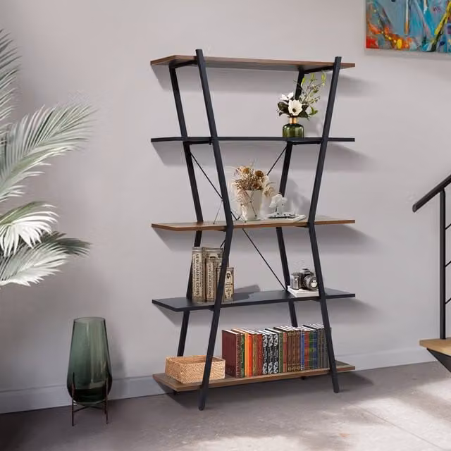 Livingandhome Industrial 5-Tier Open Display Shelf Storage Rack in Brown and Black