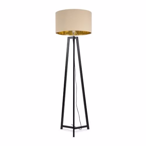 ValueLights Black Wood Tripod Floor Lamp with Beige and Gold Drum Lampshade and Included LED Bulb