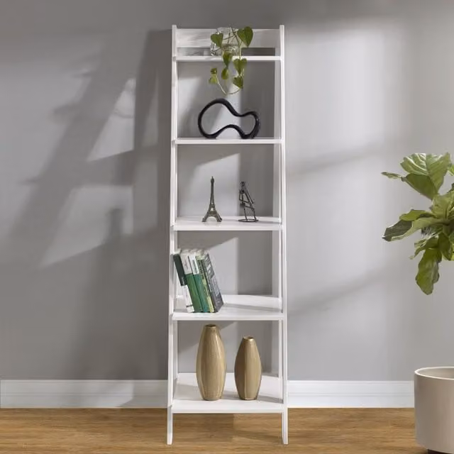 Mercers Furniture Corona Ladder Bookcase in White Solid Pine Wood with Open Back Design