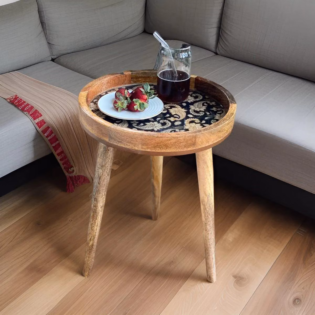 Hartsmede Mango Wood Round Side Table with Paisley Design in Beige, W/D/H: 45.72 x 36 x 47 cm – 2