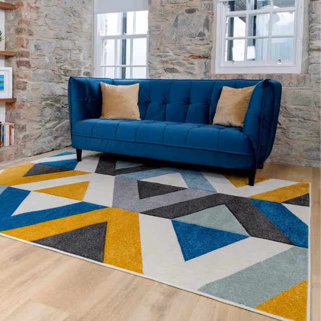 The Rug House Blue Ochre Yellow Diamond Geometric Carved Modern Rectangular Rug in Multicolour