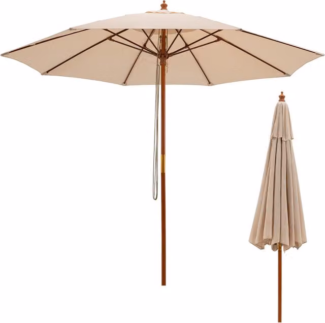 Costway 283 cm Pulley Lift Round Patio Umbrella in Beige