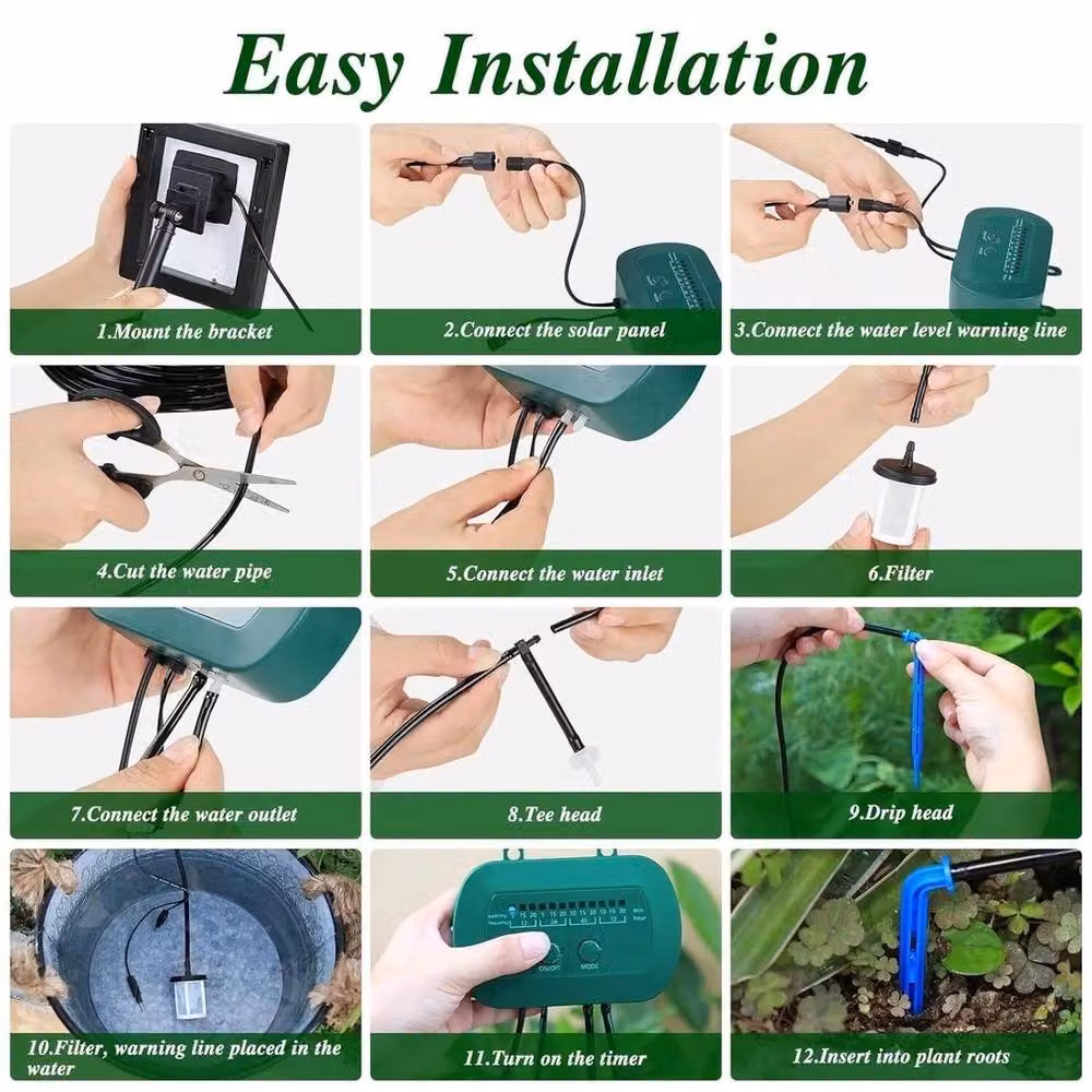 NESTLUNE Automatic Solar Drip Irrigation System Kit with Timer and Emitters, Black, W/D/H: 100 x 15 cm – 4