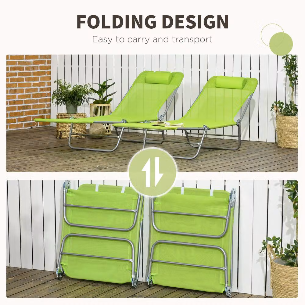 OUTSUNNY 2 Piece Folding Sun Loungers with Adjustable Headrest and Pillows, Green – 3